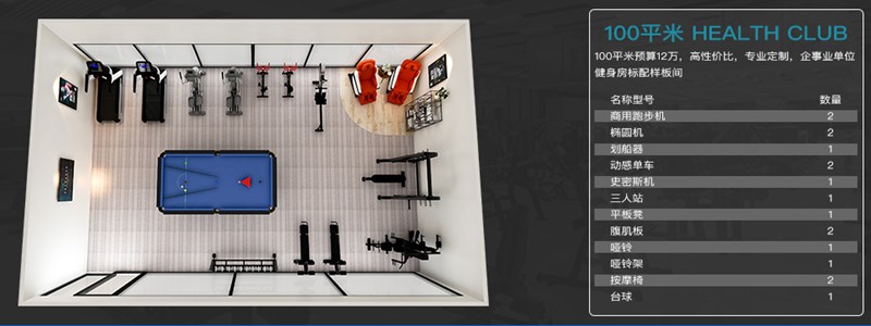 100平方健身室-熊猫体育健身器材企事业健身解决方案